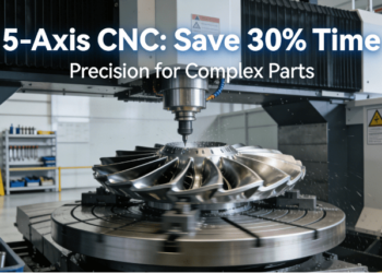 A 5-axis CNC machine machining a complex aerospace turbine blade, demonstrating high precision and efficiency in an industrial setting.