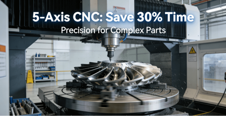 A 5-axis CNC machine machining a complex aerospace turbine blade, demonstrating high precision and efficiency in an industrial setting.