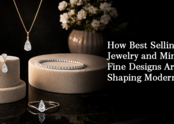 Minimal fine jewelry display featuring best selling diamond necklace, earrings, bracelet, and ring.