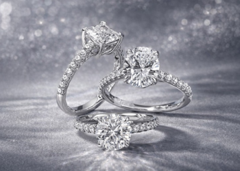 Lab grown diamond engagement rings with round and cushion cut diamonds by Ouros Jewels