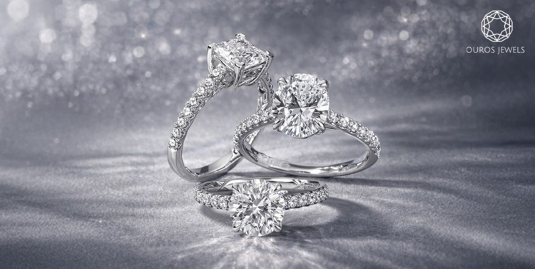 Lab grown diamond engagement rings with round and cushion cut diamonds by Ouros Jewels