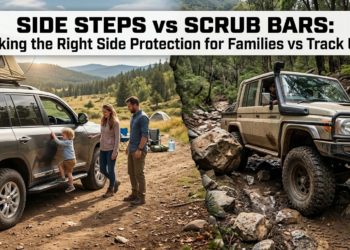 A visual showing two 4wd’s with side steps and scrub bars.