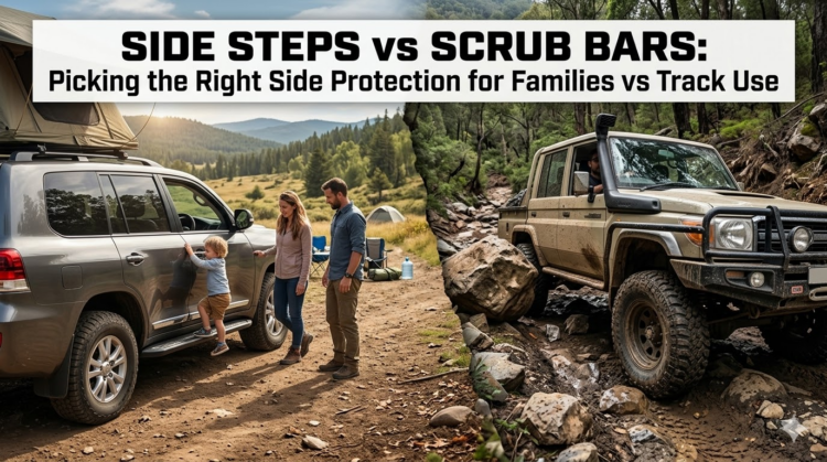 A visual showing two 4wd’s with side steps and scrub bars.